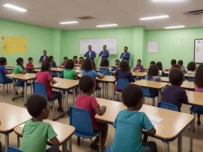 Crianças e educadores em um ambiente de inclusão escolar tgd, celebrando a educação inclusiva e o apoio ao desenvolvimento infantil.