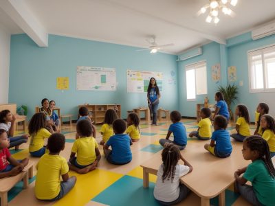 Crianças em sala de aula inclusiva aprendendo e interagindo com atividades para crianças com autismo, curso TGD