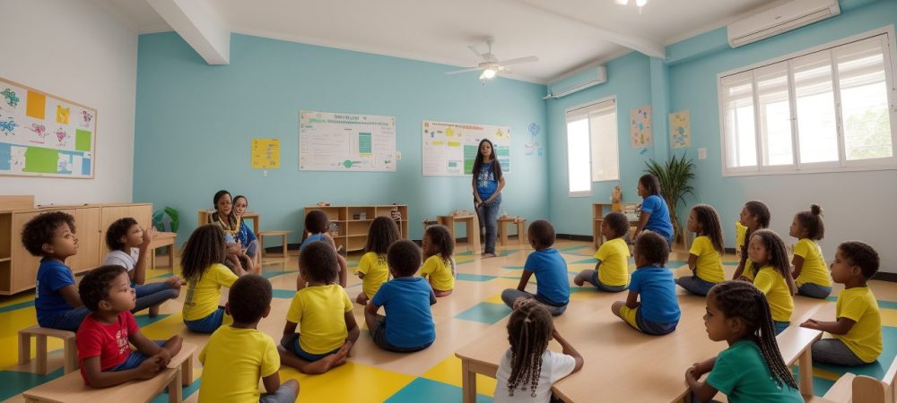 Crianças em sala de aula inclusiva aprendendo e interagindo com atividades para crianças com autismo, curso TGD