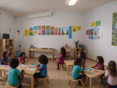 Crianças em sala de aula inclusiva, interagindo e aprendendo sobre a síndrome de Williams. Ambiente escolar acolhedor e atividades educativas.