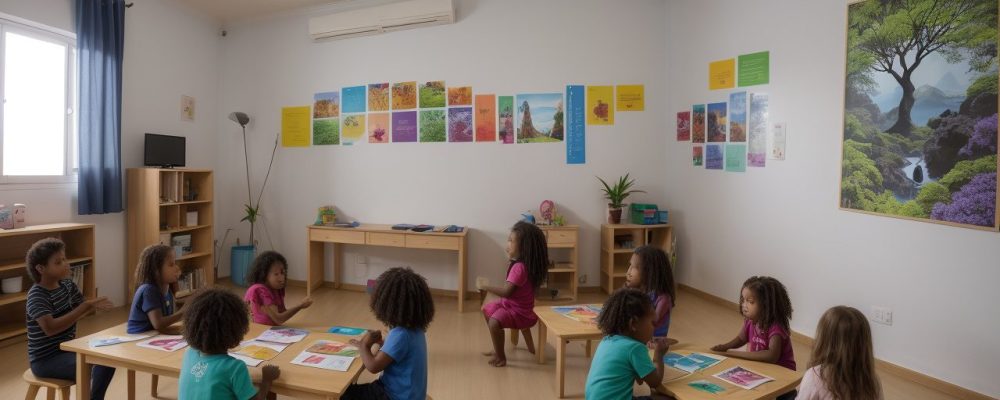 Crianças em sala de aula inclusiva, interagindo e aprendendo sobre a síndrome de Williams. Ambiente escolar acolhedor e atividades educativas.