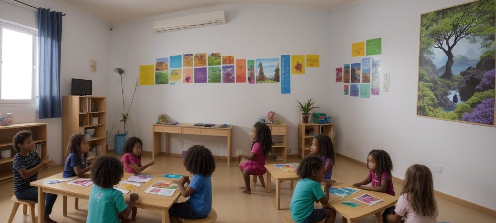 Crianças em sala de aula inclusiva, interagindo e aprendendo sobre a síndrome de Williams. Ambiente escolar acolhedor e atividades educativas.