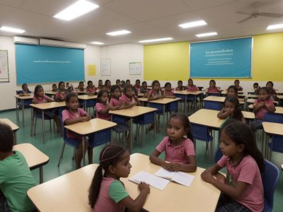 Crianças em sala de aula com professor, mostrando estratégias de inclusão para TOC infantil e adaptações pedagógicas