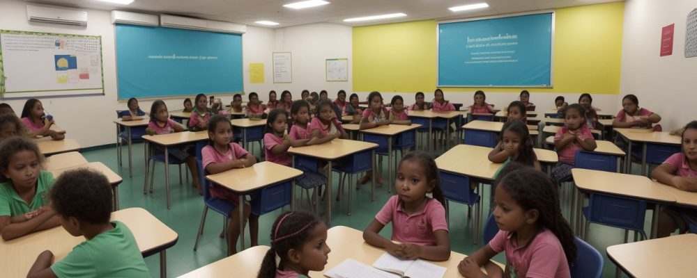 Crianças em sala de aula com professor, mostrando estratégias de inclusão para TOC infantil e adaptações pedagógicas