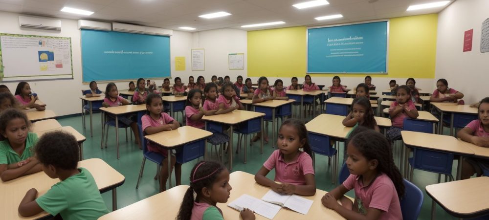 Crianças em sala de aula com professor, mostrando estratégias de inclusão para TOC infantil e adaptações pedagógicas