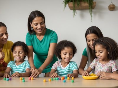 Crianças em sala de aula inclusiva, aprendendo juntas e interagindo de forma positiva, com foco no Transtorno Obsessivo-Compulsivo infantil.