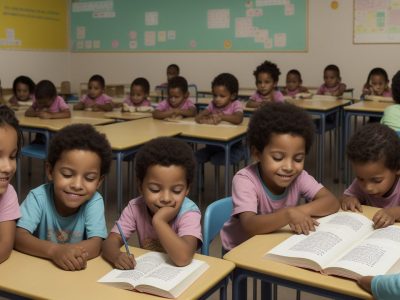 Crianças com Síndrome de Williams em sala de aula inclusiva, interagindo e aprendendo em um ambiente acolhedor e educativo.