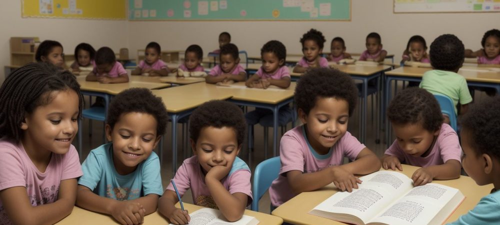 Crianças com Síndrome de Williams em sala de aula inclusiva, interagindo e aprendendo em um ambiente acolhedor e educativo.