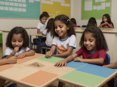 Crianças em sala de aula inclusiva, aprendendo sobre a síndrome de Williams e promovendo a socialização.