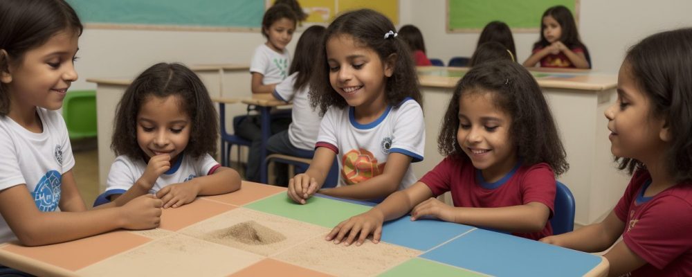 Crianças em sala de aula inclusiva, aprendendo sobre a síndrome de Williams e promovendo a socialização.