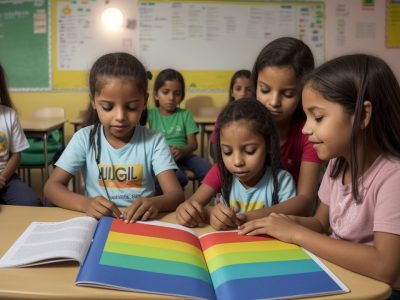 Crianças e educadores em sala de aula inclusiva, utilizando estratégias de ensino para desenvolvimento de pessoas com deficiência mental.