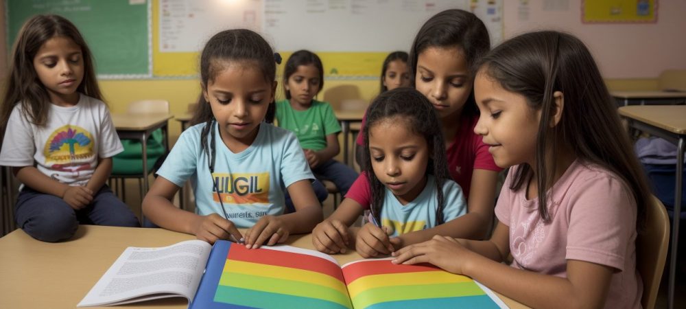 Inclusão Social: Desenvolvimento e Educação para Pessoas com Deficiência Mental Crianças e educadores em sala de aula inclusiva, utilizando estratégias de ensino para desenvolvimento de pessoas com deficiência mental.