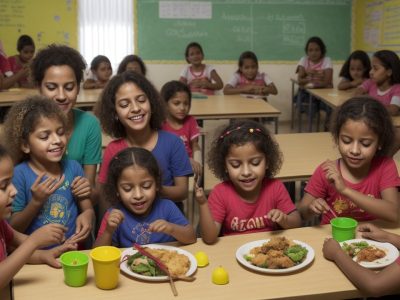 Crianças em ambiente de aprendizado inclusivo, com foco em estratégias de ensino para alunos com deficiência intelectual e desenvolvimento infantil atípico.