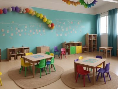 Crianças e educadores em uma sala de aula inclusiva, utilizando estratégias de ensino e recursos visuais para o desenvolvimento de pessoas com deficiência mental, focando em educação inclusiva.