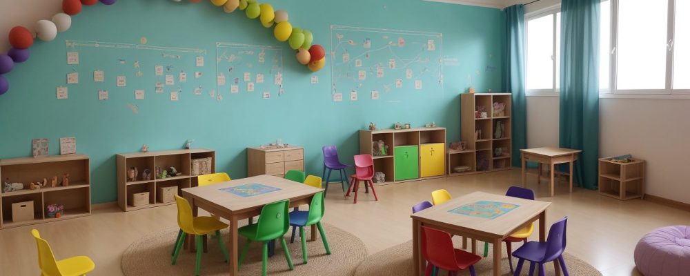 Crianças e educadores em uma sala de aula inclusiva, utilizando estratégias de ensino e recursos visuais para o desenvolvimento de pessoas com deficiência mental, focando em educação inclusiva.