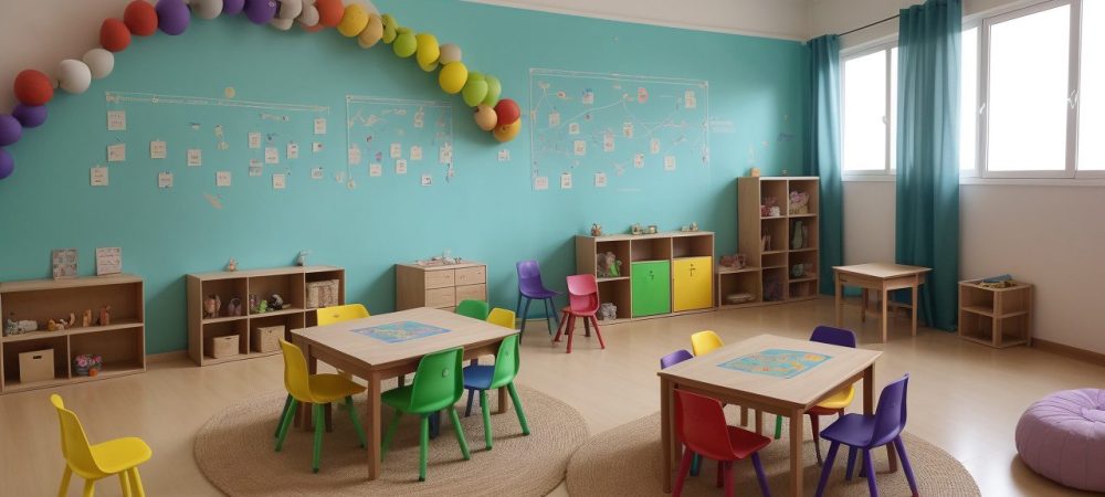 Crianças e educadores em uma sala de aula inclusiva, utilizando estratégias de ensino e recursos visuais para o desenvolvimento de pessoas com deficiência mental, focando em educação inclusiva.