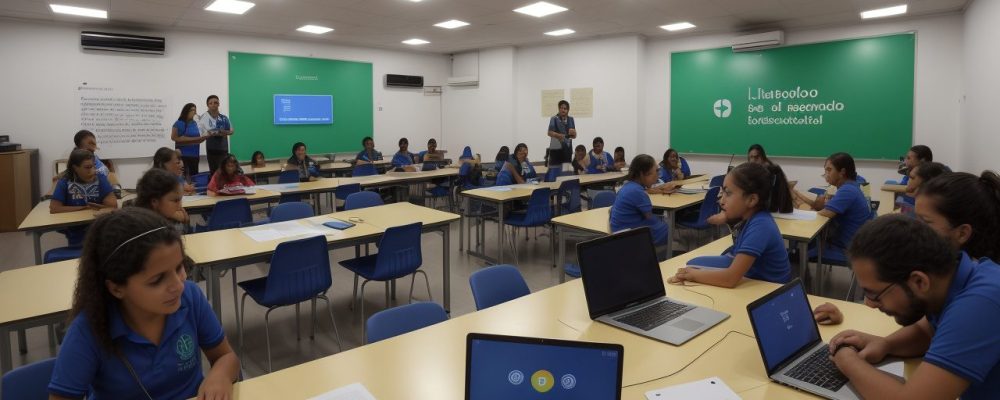 Imagem de sala de aula inclusiva, com alunos utilizando tecnologias assistivas para deficiência visual, demonstrando acessibilidade e educação inclusiva.
