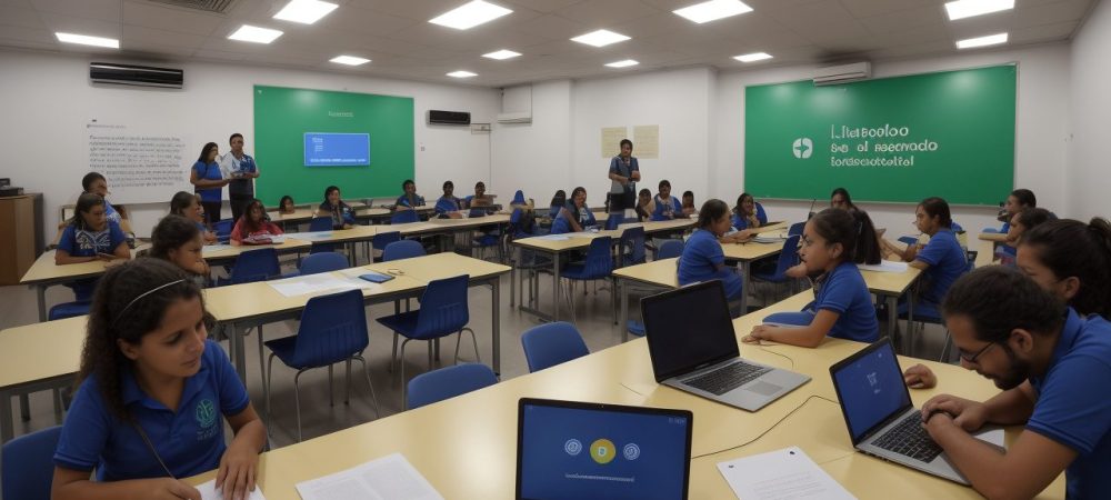 Imagem de sala de aula inclusiva, com alunos utilizando tecnologias assistivas para deficiência visual, demonstrando acessibilidade e educação inclusiva.