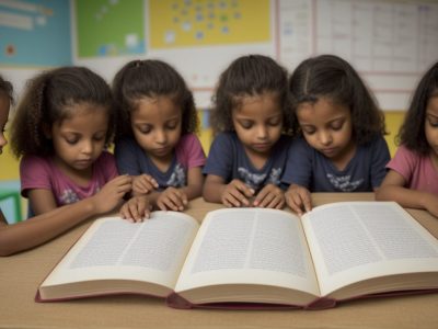 Crianças em sala de aula aprendendo sobre braille e utilizando materiais pedagógicos adaptados para inclusão