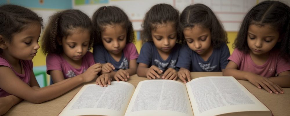 Crianças em sala de aula aprendendo sobre braille e utilizando materiais pedagógicos adaptados para inclusão