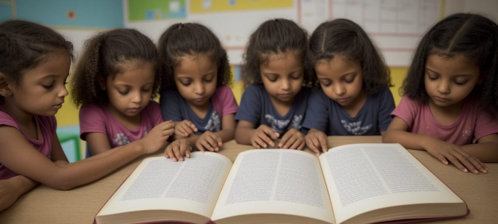 Crianças em sala de aula aprendendo sobre braille e utilizando materiais pedagógicos adaptados para inclusão