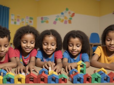 Crianças com paralisia cerebral participando ativamente em sala de aula inclusiva, com apoio de educadores e colegas.