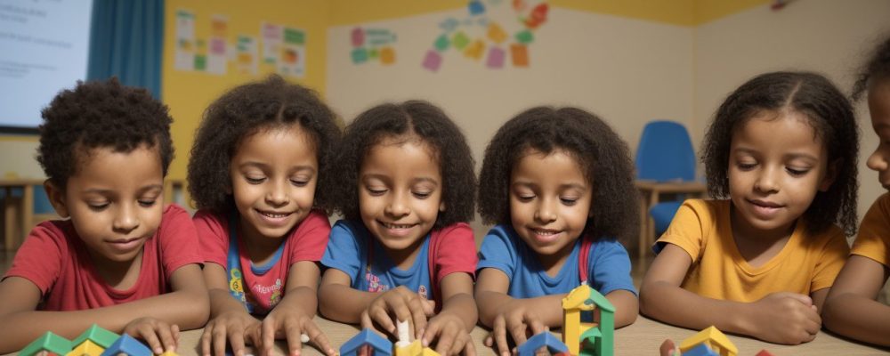 Crianças com paralisia cerebral participando ativamente em sala de aula inclusiva, com apoio de educadores e colegas.
