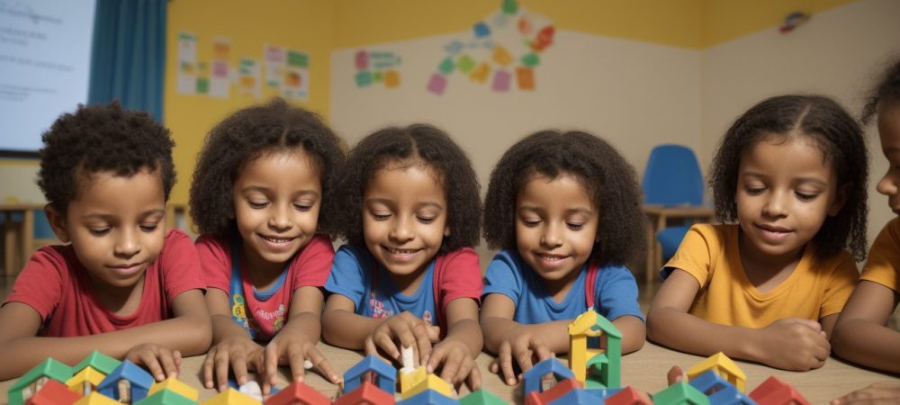 Crianças com paralisia cerebral participando ativamente em sala de aula inclusiva, com apoio de educadores e colegas.