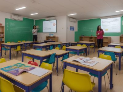 Crianças e professor em sala de aula inclusiva, com materiais pedagógicos adaptados e sistema Braille, promovendo a educação inclusiva para crianças com deficiência visual.