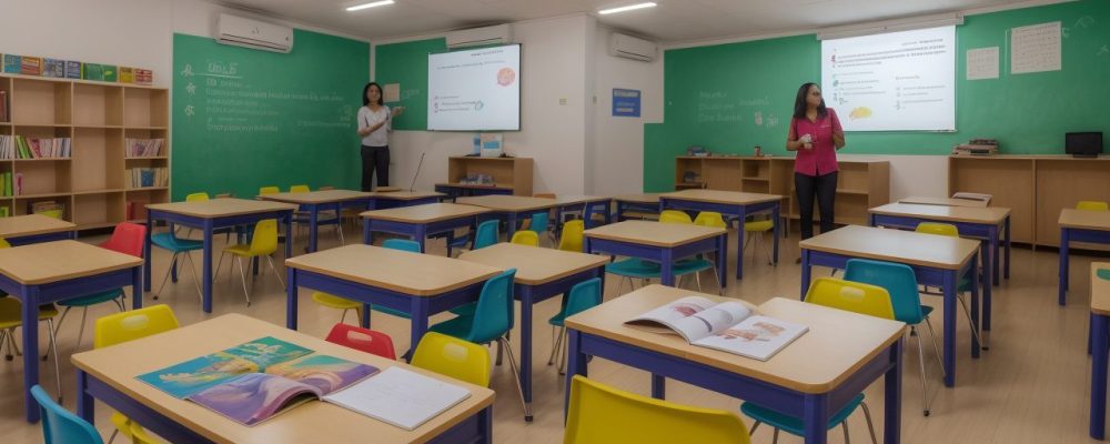 Crianças e professor em sala de aula inclusiva, com materiais pedagógicos adaptados e sistema Braille, promovendo a educação inclusiva para crianças com deficiência visual.