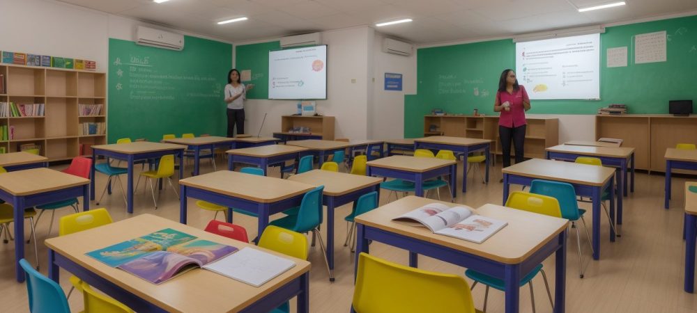 Inclusão de Crianças com Deficiência Visual: Sala de Aula Acolhedora Crianças e professor em sala de aula inclusiva, com materiais pedagógicos adaptados e sistema Braille, promovendo a educação inclusiva para crianças com deficiência visual.