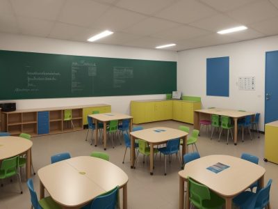 Imagem de alunos em sala de aula inclusiva, com foco em tecnologias assistivas e materiais adaptados para educação de deficientes visuais.