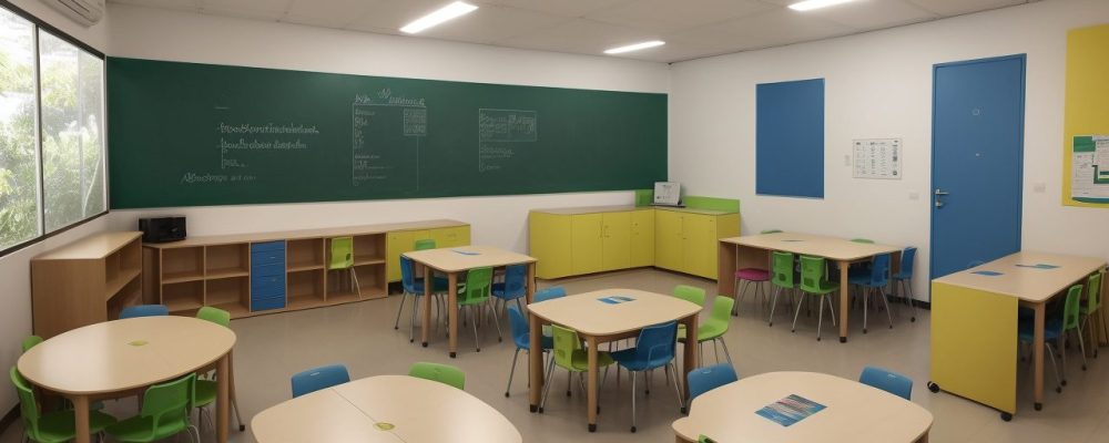 Imagem de alunos em sala de aula inclusiva, com foco em tecnologias assistivas e materiais adaptados para educação de deficientes visuais.
