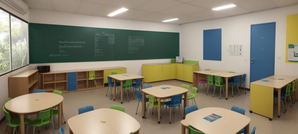 Imagem de alunos em sala de aula inclusiva, com foco em tecnologias assistivas e materiais adaptados para educação de deficientes visuais.