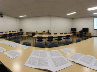 Alunos e professores em sala de aula com recursos de acessibilidade visual, como audiodescrição e tecnologias assistivas.