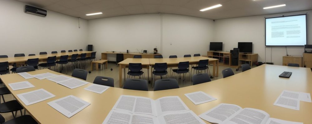 Alunos e professores em sala de aula com recursos de acessibilidade visual, como audiodescrição e tecnologias assistivas.