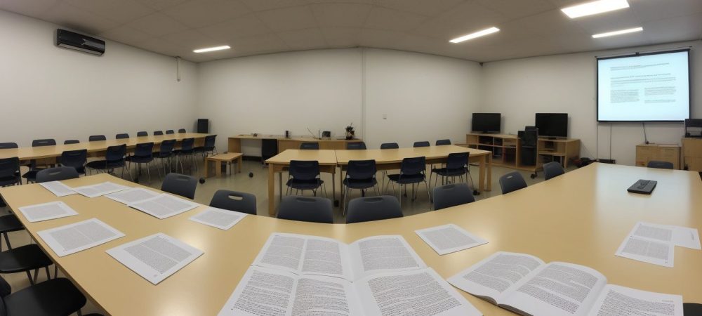 Alunos e professores em sala de aula com recursos de acessibilidade visual, como audiodescrição e tecnologias assistivas.