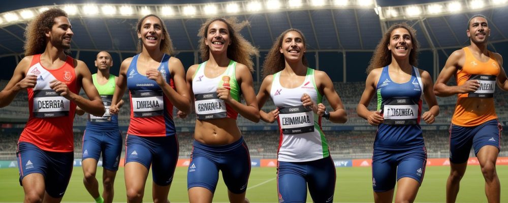 Imagem vibrante de atletas diversos celebrando juntos a inclusão e a prática do esporte adaptado, com foco na acessibilidade esportiva e igualdade.