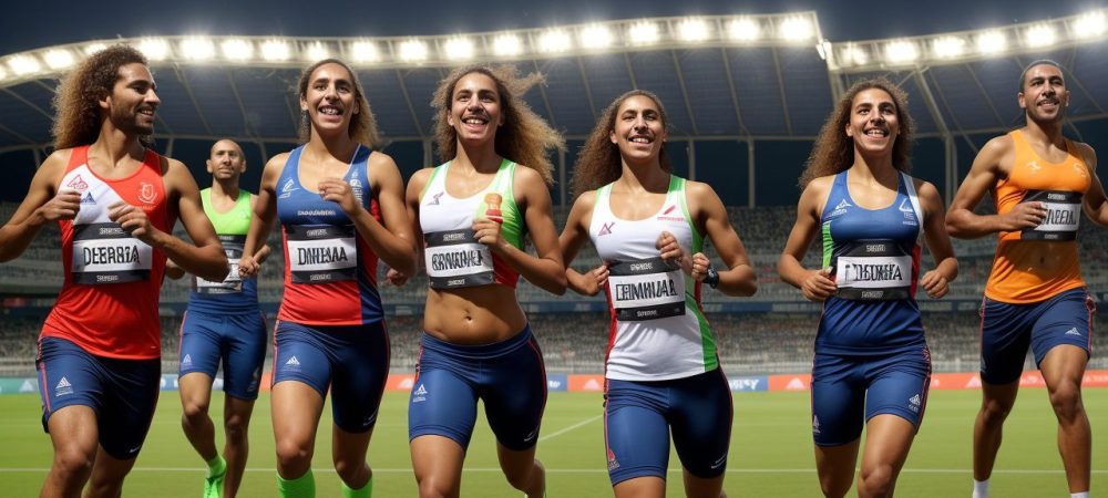 Imagem vibrante de atletas diversos celebrando juntos a inclusão e a prática do esporte adaptado, com foco na acessibilidade esportiva e igualdade.