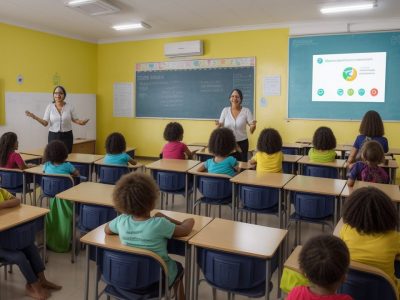 Professora mediando diálogo entre alunos em sala de aula, promovendo disciplina positiva.