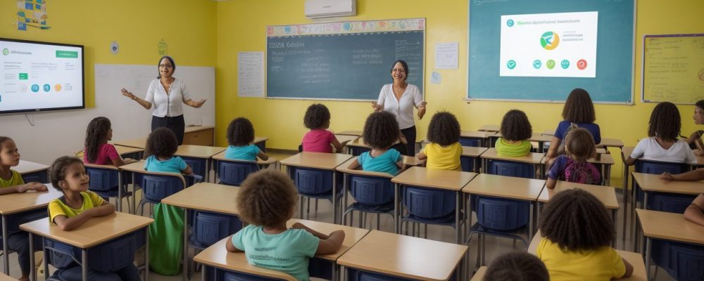 Professora mediando diálogo entre alunos em sala de aula, promovendo disciplina positiva.