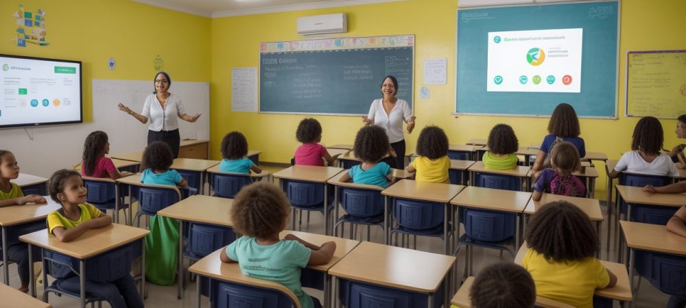 Professora mediando diálogo entre alunos em sala de aula, promovendo disciplina positiva.