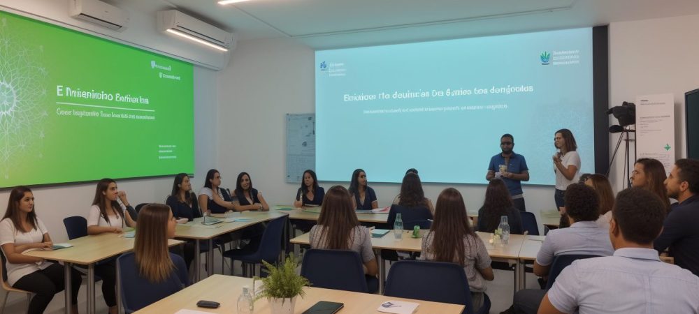 Imagem mostrando estudantes interagindo em grupo, focados em um curso de inglês técnico, com livros e dispositivos eletrônicos.