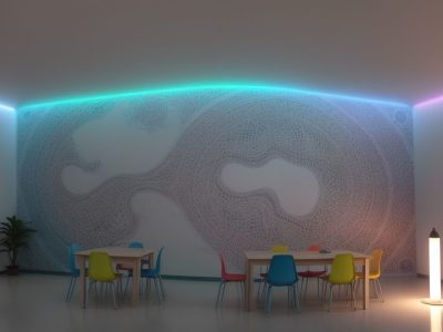 Professores e alunos trabalhando em projetos de iniciação científica em uma sala de aula, com foco em pesquisa e aprendizado.