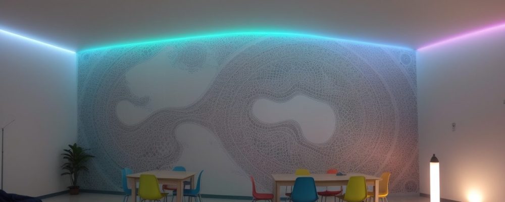 Professores e alunos trabalhando em projetos de iniciação científica em uma sala de aula, com foco em pesquisa e aprendizado.