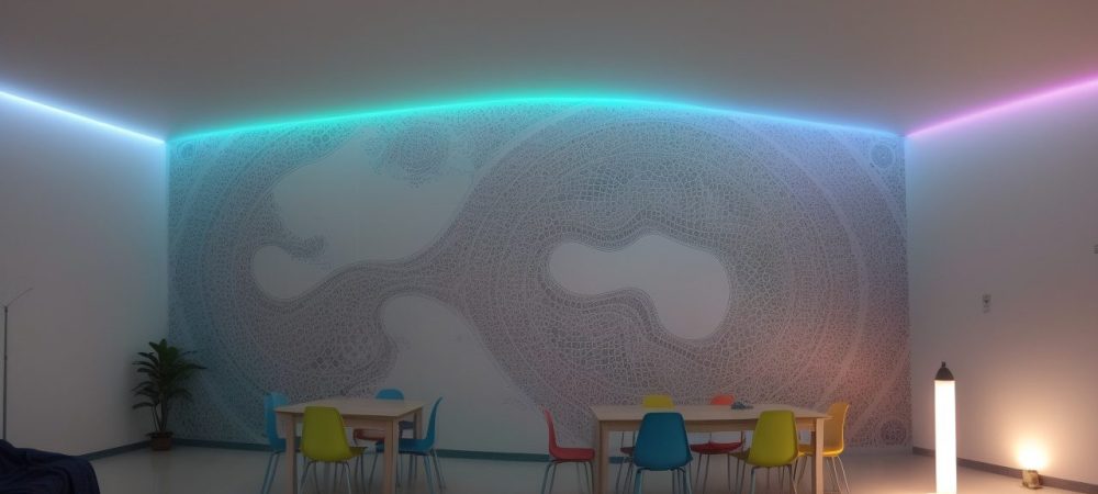 Professores e alunos trabalhando em projetos de iniciação científica em uma sala de aula, com foco em pesquisa e aprendizado.