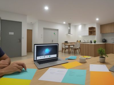 Equipe engajada em brainstorming para inovação tecnológica, com ferramentas digitais e ambiente colaborativo