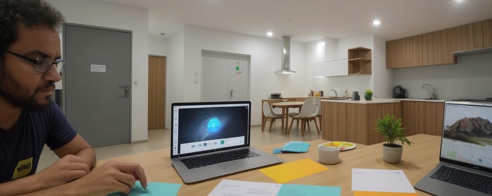 Equipe engajada em brainstorming para inovação tecnológica, com ferramentas digitais e ambiente colaborativo