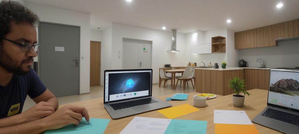 Equipe engajada em brainstorming para inovação tecnológica, com ferramentas digitais e ambiente colaborativo