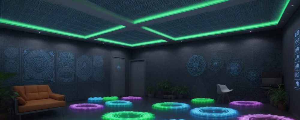 Representação visual da inovação tecnológica com elementos de transformação digital e sustentabilidade, em um ambiente de aprendizado inspirador.